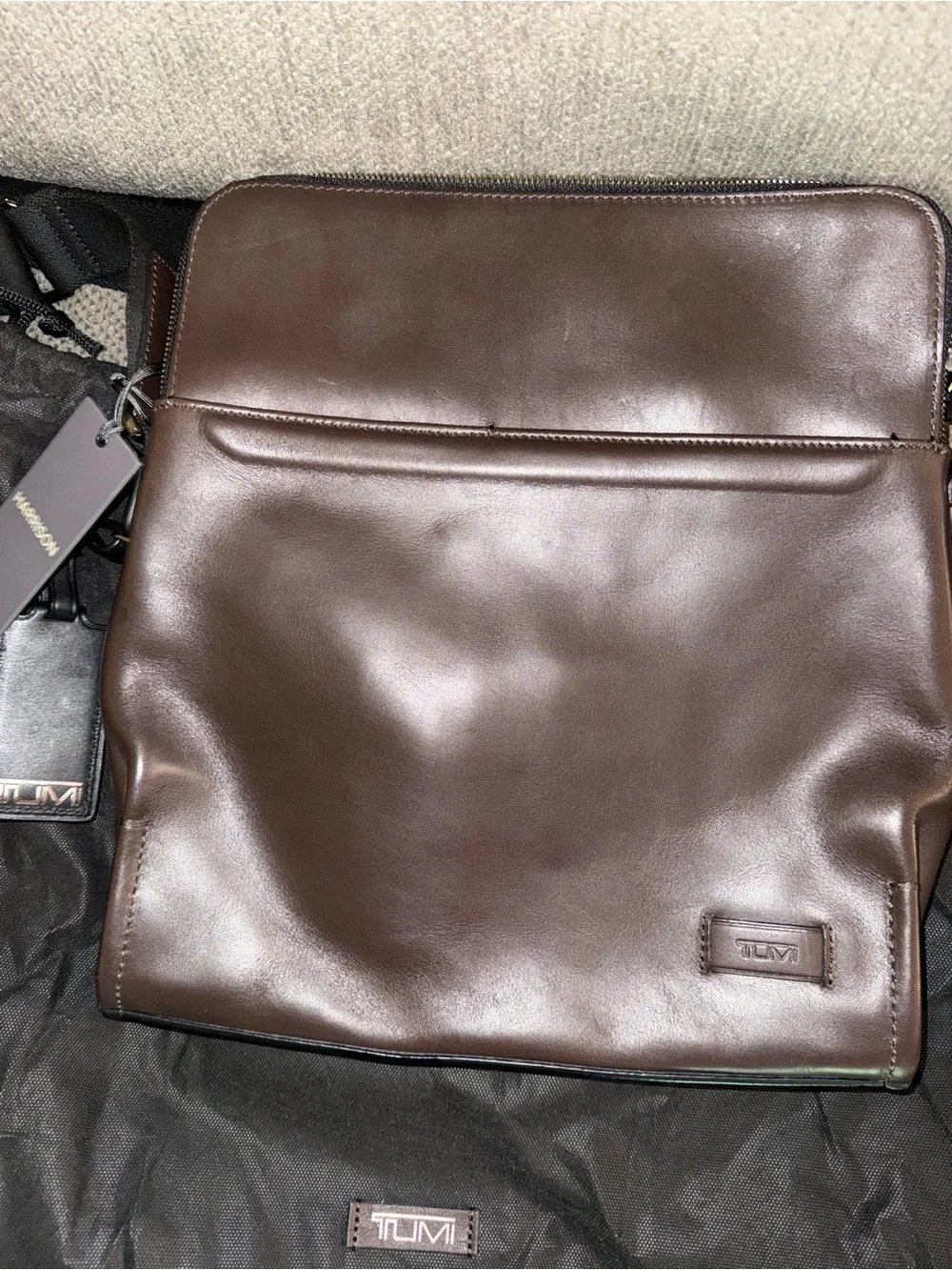 Tumi Dark Brown Leather Messenger Bag with Black Strap